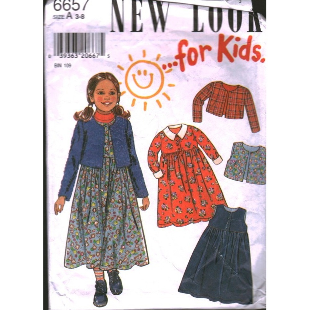 New Look 6657 Kids Sewing Pattern Dress Jumper Jacket Vest Size A 3-8 CUT
